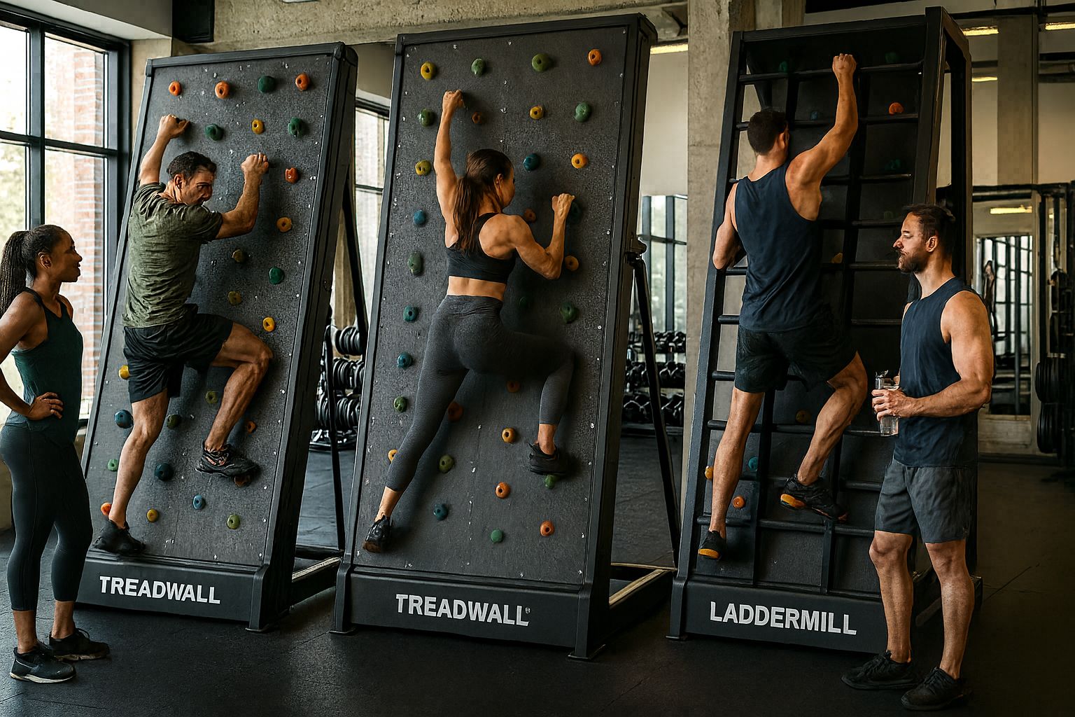 Muros de escalada Treadwall Kore, Max, V y Laddermill Brewer Fitness en gimnasio con personas entrenando en México