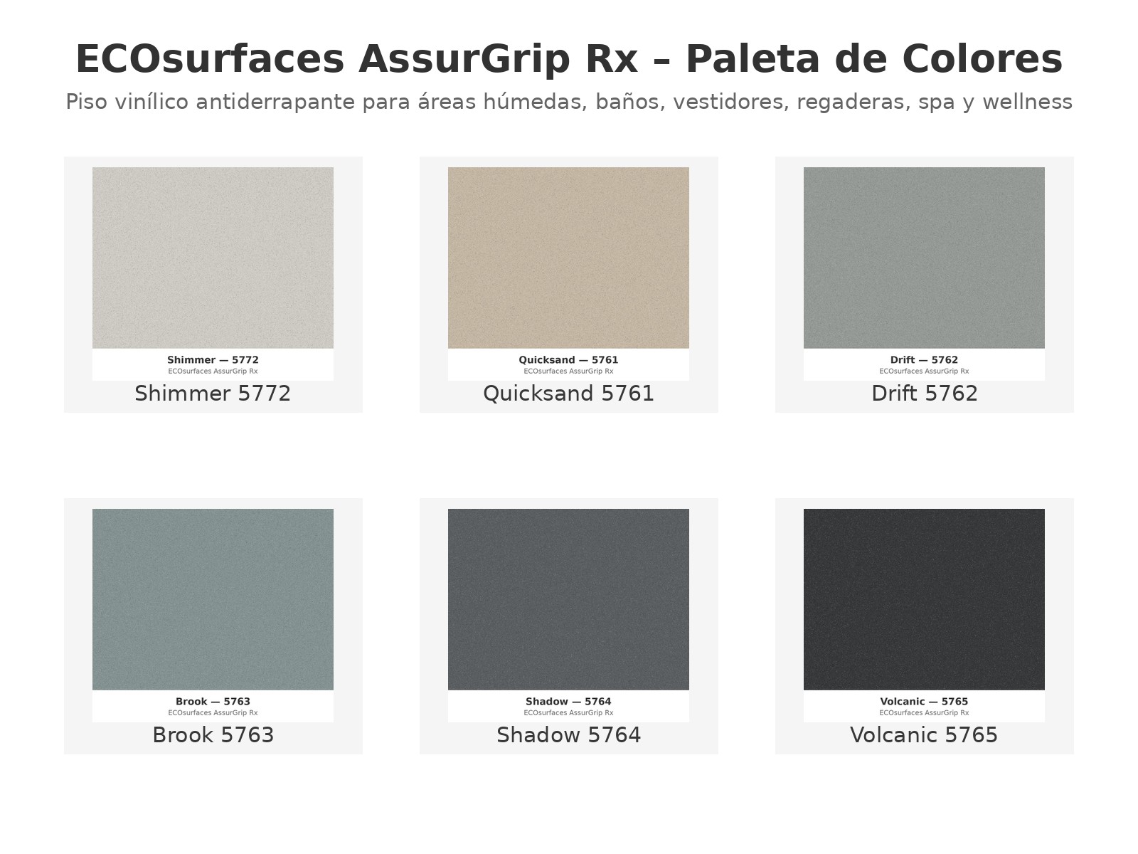 Paleta de colores ECOsurfaces AssurGrip Rx Shimmer Quicksand Drift Brook Shadow Volcanic piso antiderrapante para áreas húmedas Profitness Distribuidor México