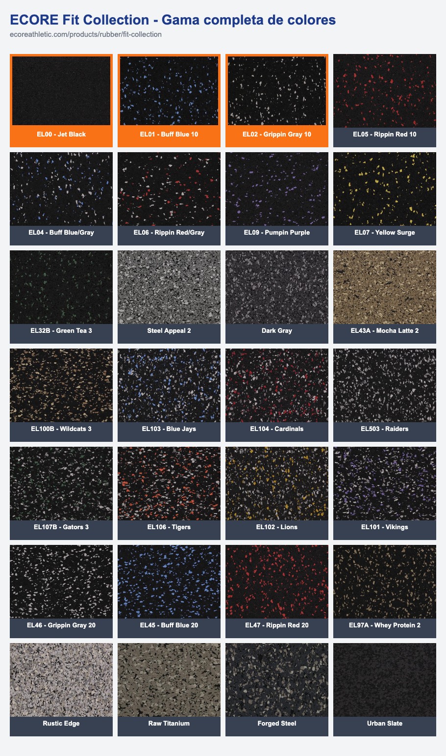 Gama completa de colores Ecore Fit Collection, con EL00 Jet Black, EL01 Buff Blue 10 y EL02 Grippin Gray 10 resaltados