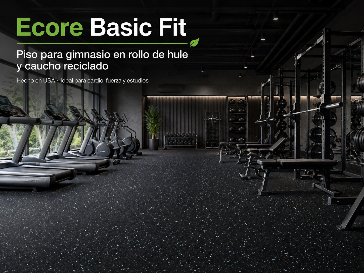 Piso para gimnasio Ecore Basic Fit 8 mm de caucho recuperado instalado en gimnasio