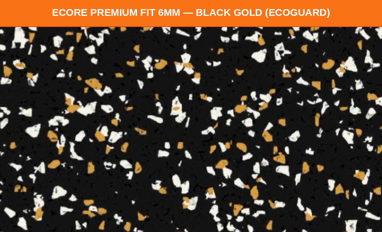 Textura Ecore Premium Fit 6 mm Black Gold con tratamiento ECOGuard, piso de gimnasio de caucho recuperado, lote especial ProFitnessMX