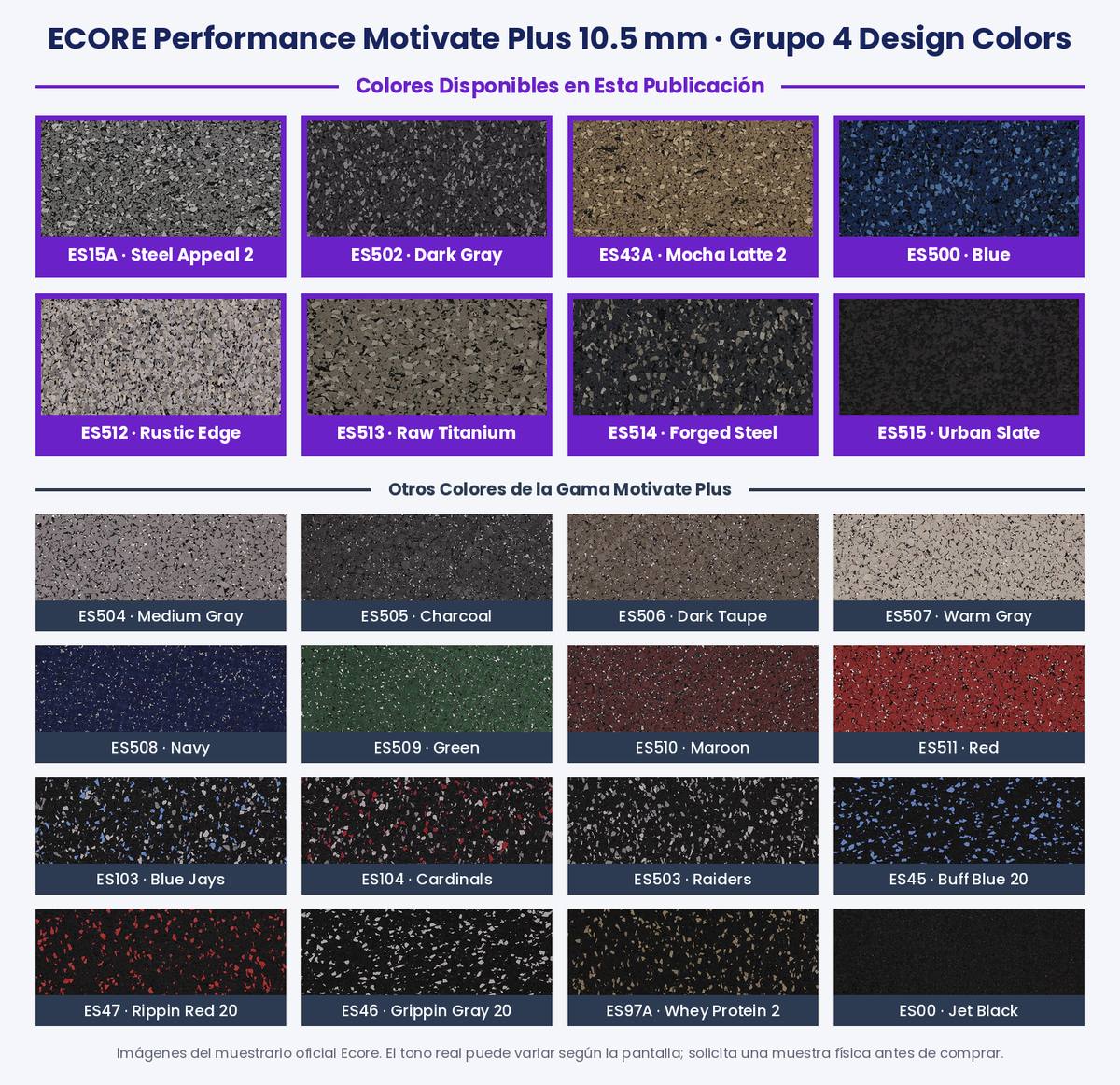 Muestrario de colores del piso de caucho para gimnasio Ecore Performance Motivate Plus 10.5 mm Design Colors: Steel Appeal 2, Dark Gray, Mocha Latte 2, Blue, Rustic Edge, Raw Titanium, Forged Steel y Urban Slate, y resto de la gama