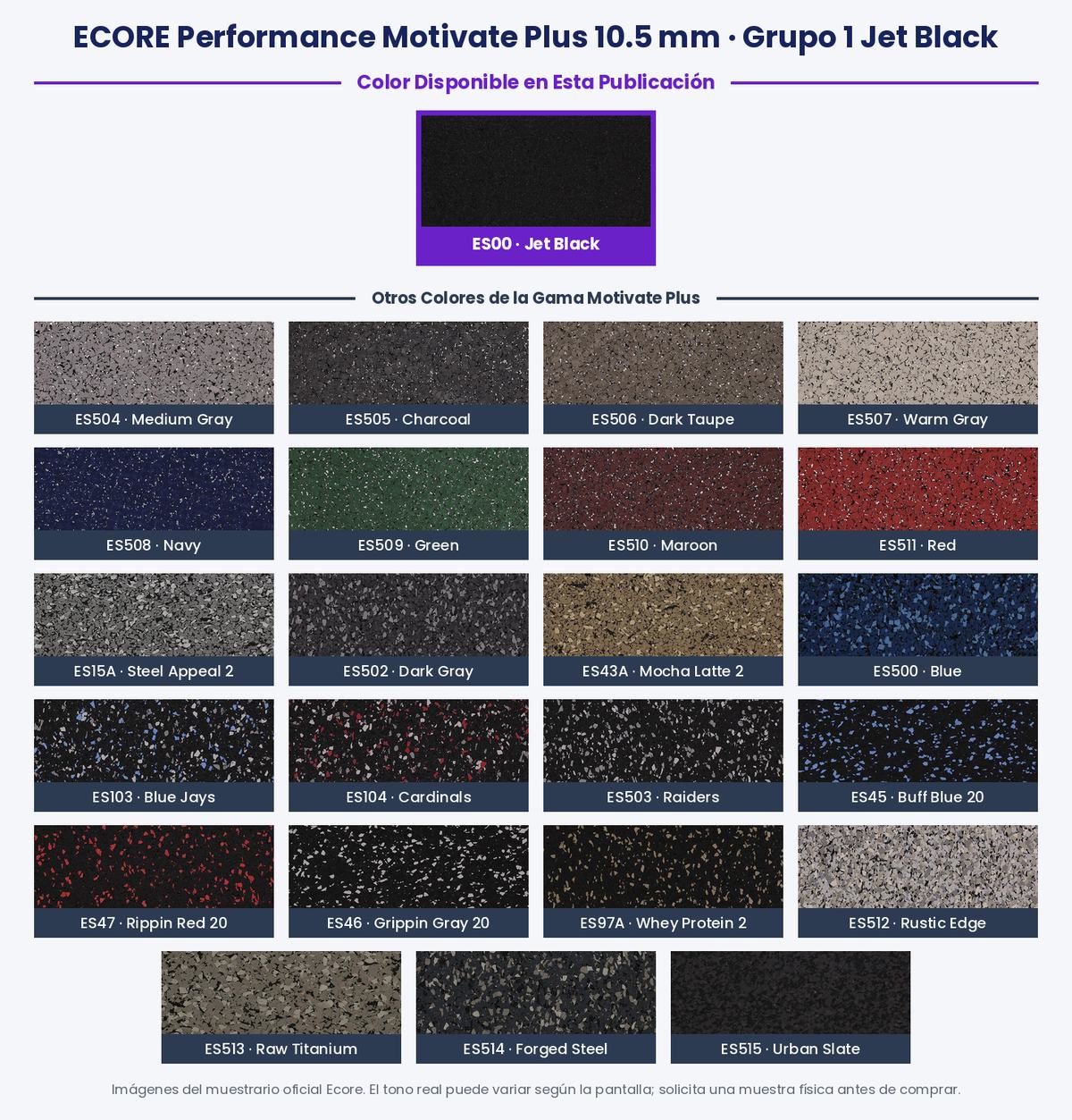 Muestrario de color del piso de caucho para gimnasio Ecore Performance Motivate Plus 10.5 mm en Jet Black ES00 y resto de la gama