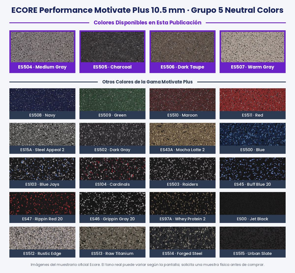 Muestrario de colores del piso de caucho para gimnasio Ecore Performance Motivate Plus 10.5 mm Neutral Colors: Medium Gray, Charcoal, Dark Taupe y Warm Gray, y resto de la gama