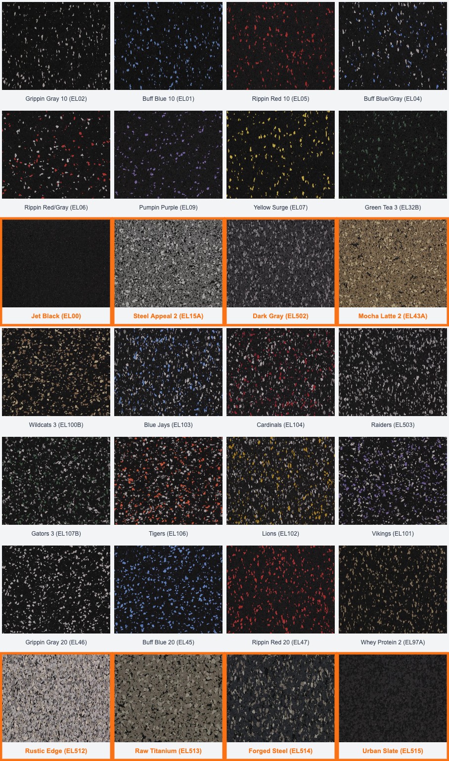 Gama completa de colores Ecore Premium Fit 8 mm con Designer Colors EL00 Jet Black, EL15A Steel Appeal 2, EL502 Dark Gray, EL43A Mocha Latte 2, EL512 Rustic Edge, EL513 Raw Titanium, EL514 Forged Steel y EL515 Urban Slate destacados, piso de gimnasio de caucho recuperado