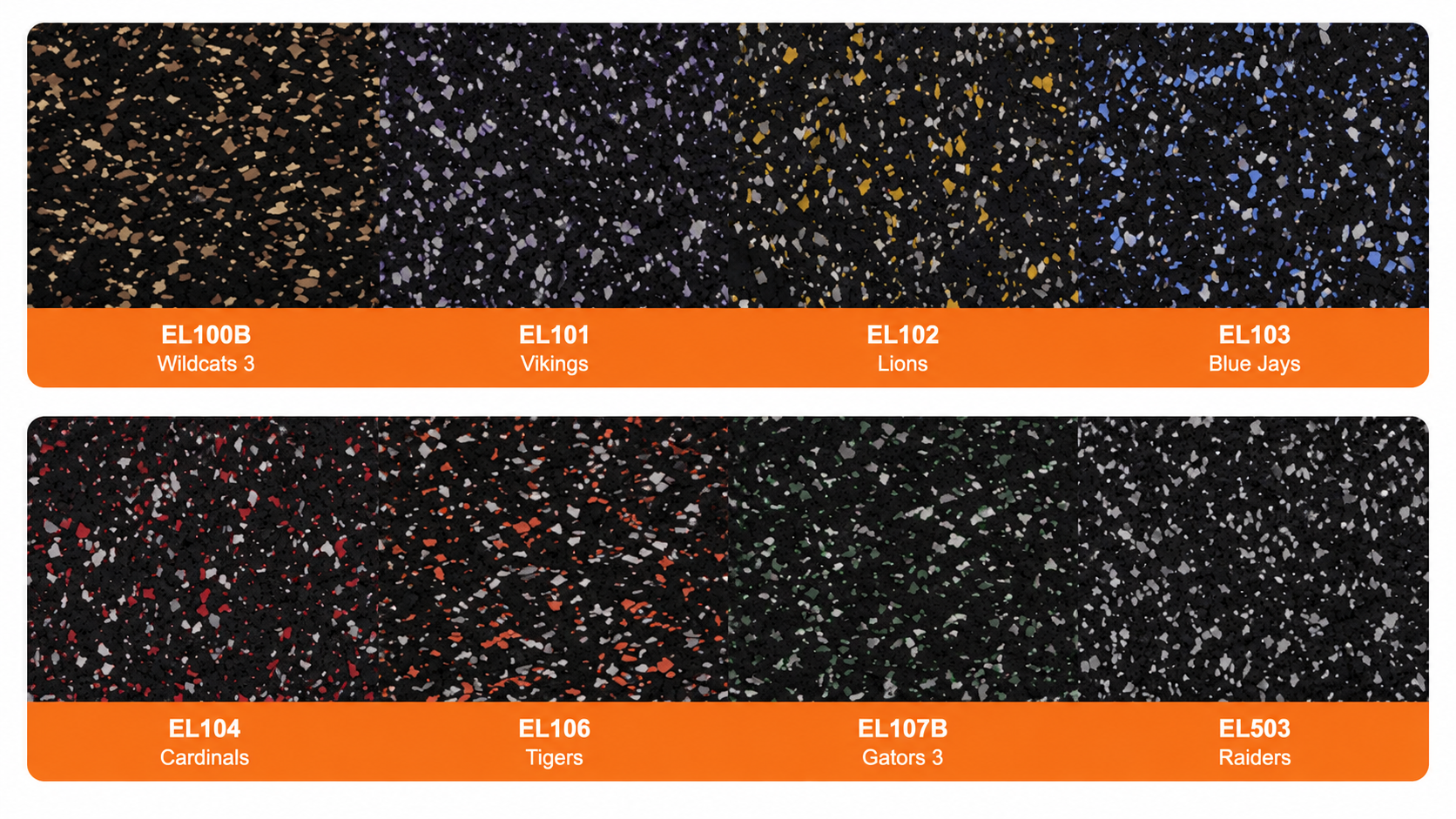 Texturas Ecore Premium Fit 8 mm Team Colors EL100B Wildcats 3, EL101 Vikings, EL102 Lions, EL103 Blue Jays, EL104 Cardinals, EL106 Tigers, EL107B Gators 3 y EL503 Raiders