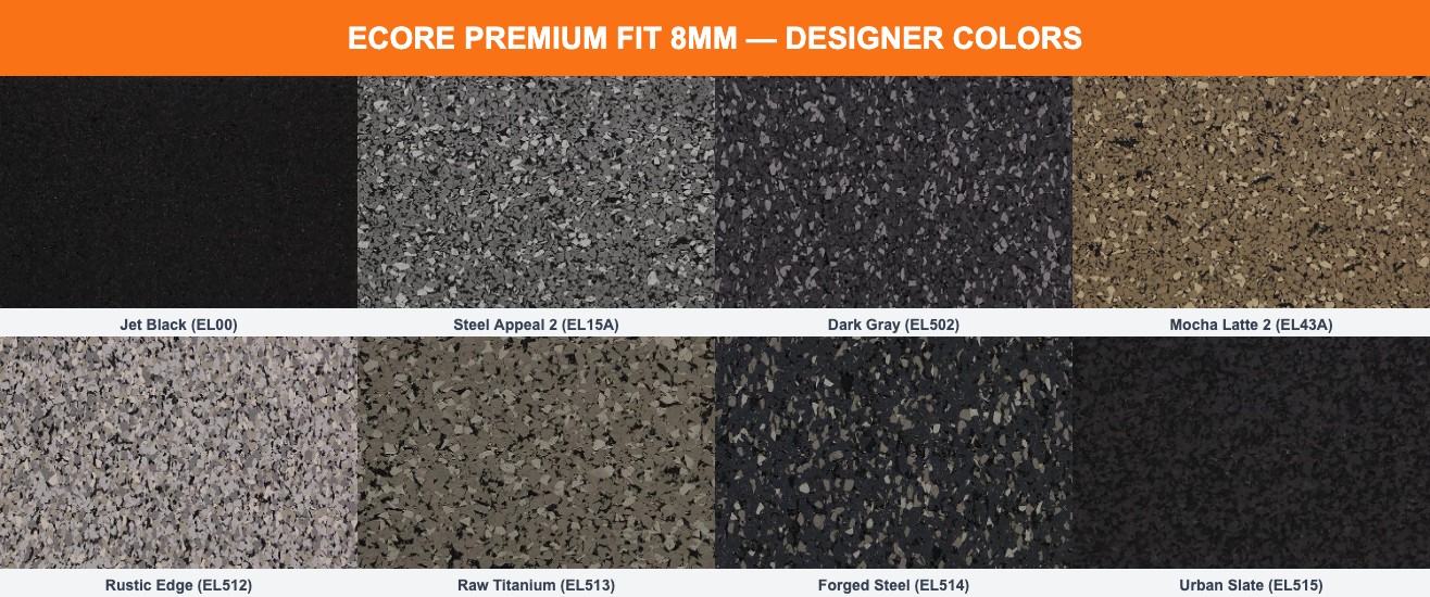 Texturas Ecore Premium Fit 8 mm Designer Colors: EL00 Jet Black, EL15A Steel Appeal 2, EL502 Dark Gray, EL43A Mocha Latte 2, EL512 Rustic Edge, EL513 Raw Titanium, EL514 Forged Steel y EL515 Urban Slate, piso de gimnasio caucho recuperado