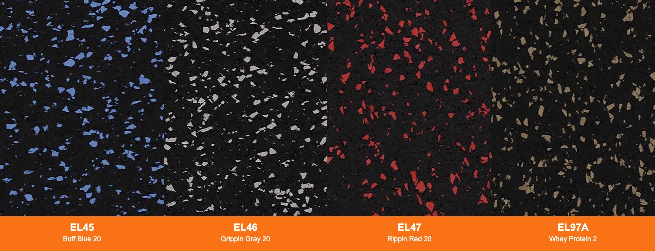 Texturas Ecore Premium Fit 8mm colores EL45 Buff Blue 20, EL46 Grippin Gray 20, EL47 Rippin Red 20 y EL97A Whey Protein 2, piso de gimnasio caucho recuperado
