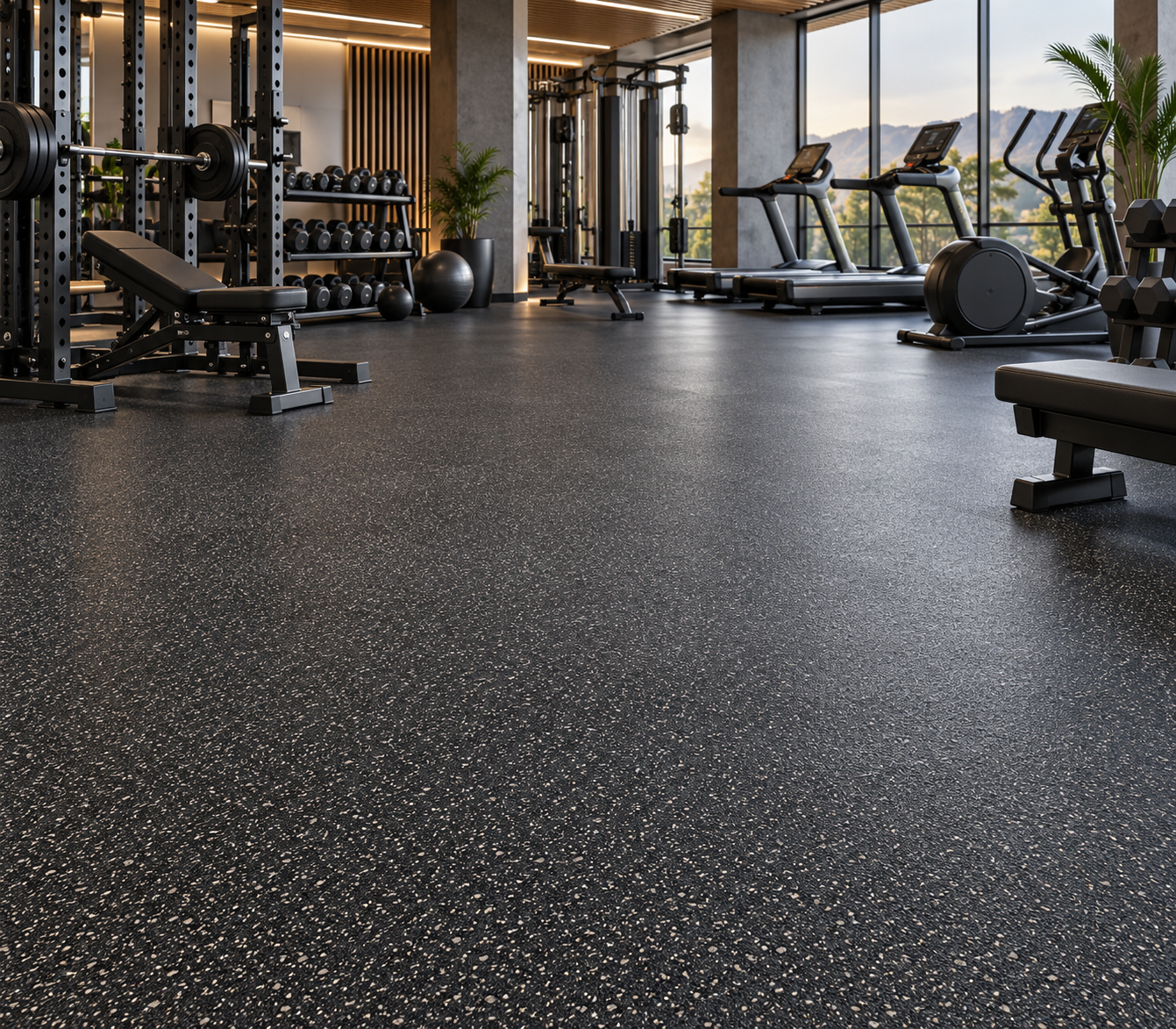 Piso para gimnasio Ecore Premium Fit de caucho recuperado instalado en gimnasio