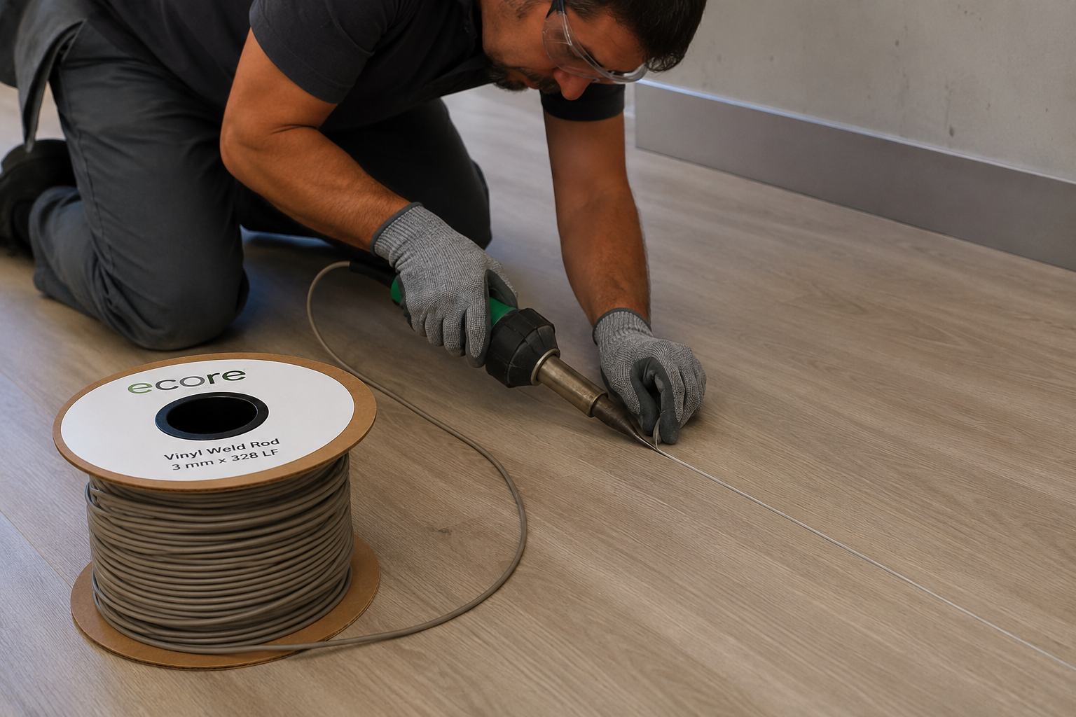 Ecore Vinyl Weld Rod instalación heat-welded para piso vinílico ECOsurfaces Forest Rx Profitness Distribuidor México