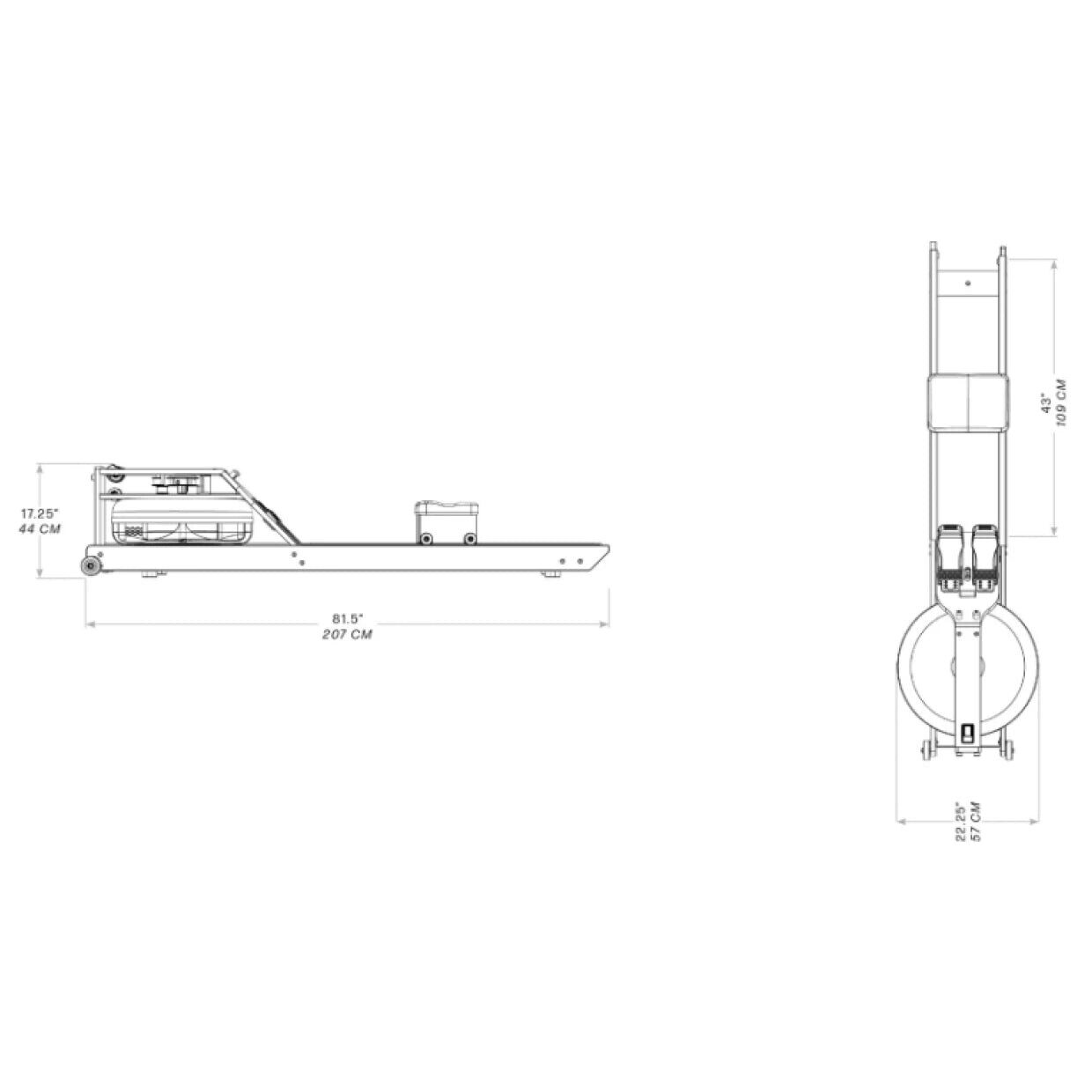 Medidas y dimensiones WaterRower Lite Diagrama de dimensiones del WaterRower Lite: 81.5 x 22.25 x 17.25 pulgadas armado y 43 x 22.25 pulgadas guardado en vertical